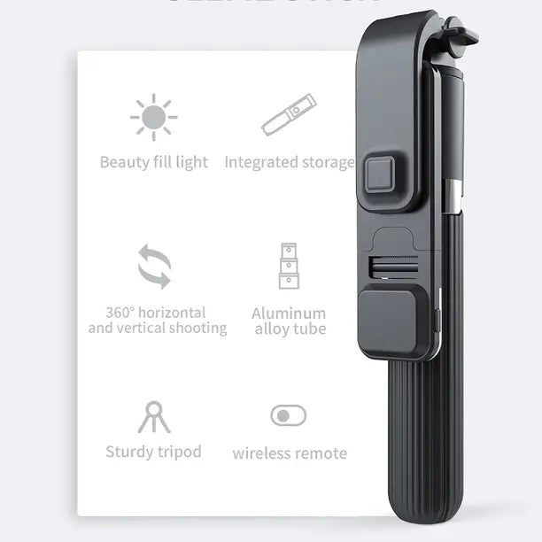3-in-1 Convertible Tripod with Fill Light-Rotating Phone Holder-Bluetooth Remote Tripod (Black, Supports Up to 500 g)