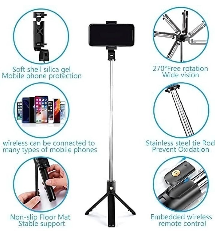 3-in-1 Convertible Tripod with Fill Light-Rotating Phone Holder-Bluetooth Remote Tripod (Black, Supports Up to 500 g)